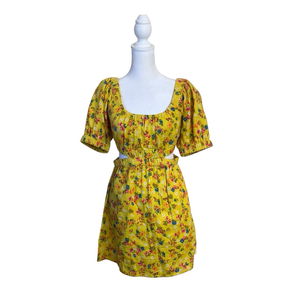 Billabong Mini Dress Sz S Yellow Floral Cutout Boho Beach Summer Festival Cotton